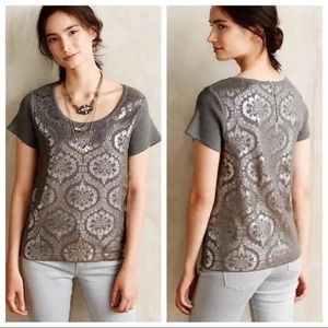 Anthro Moth Drawing Room gray & metallic print knit top L